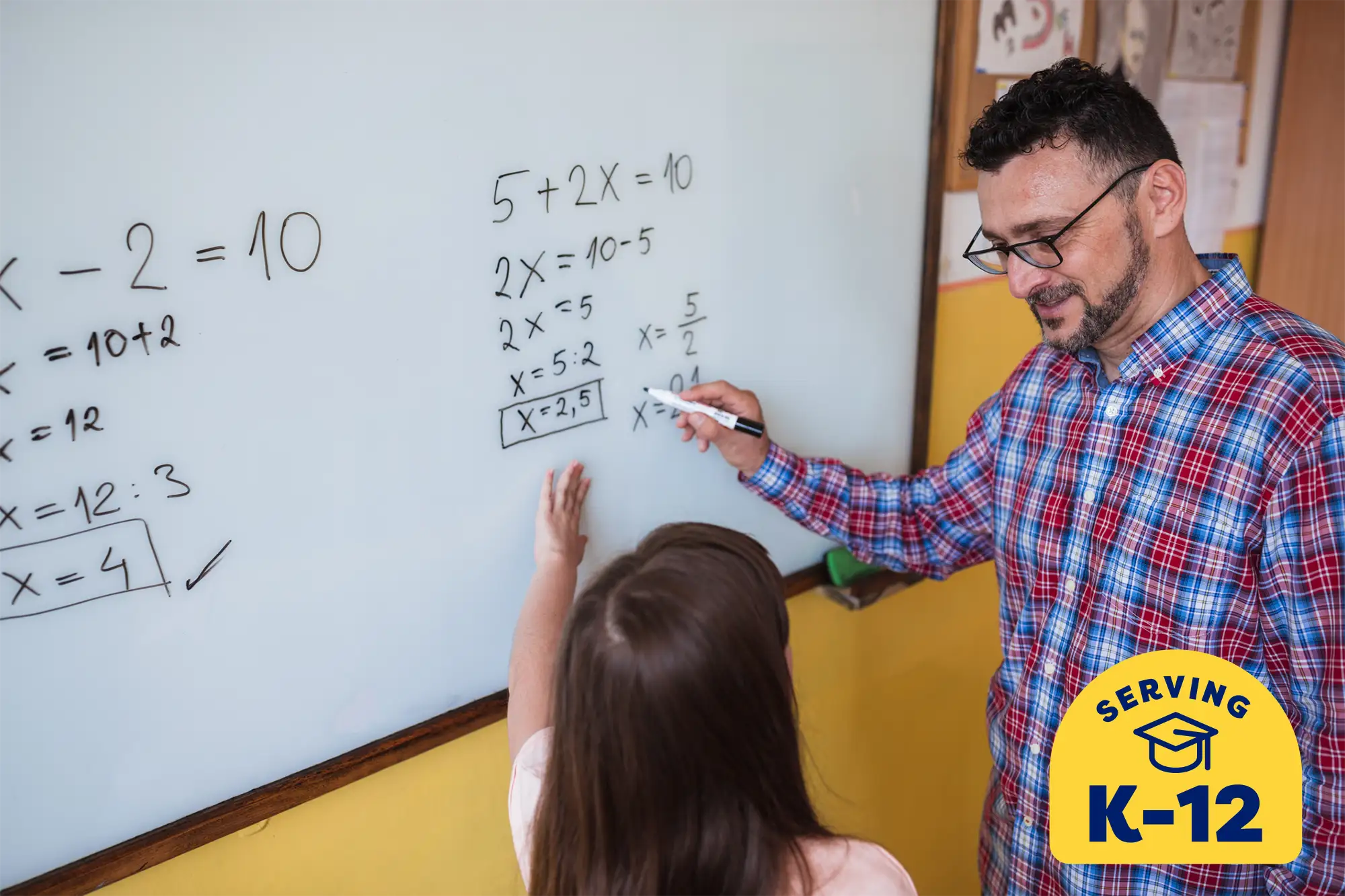 a middle school teacher writing on a white board and explaining a math problem to his student.