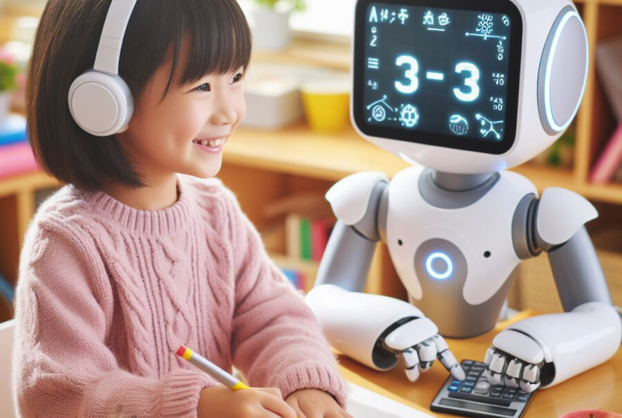 a young girl being taught to by an AI robot